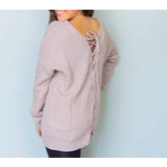 New Umgee Medium M Light Mauve Purple Lace Up Back V Neck Sweater Tunic Cotton - Picture 8 of 8